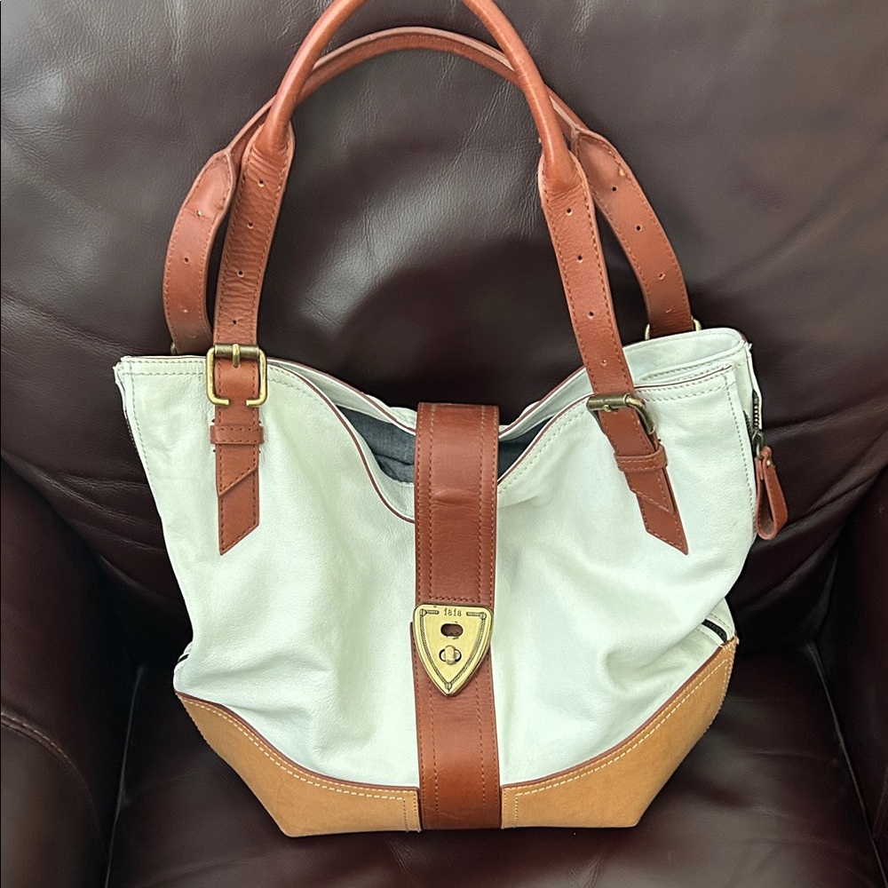Brooks Brothers 1818 Leather-Trim White & Brown Tote Bag